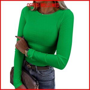 Long Sleeve Ribbed Crewneck T-Shirt Fitted Stretch Casual Basic Top